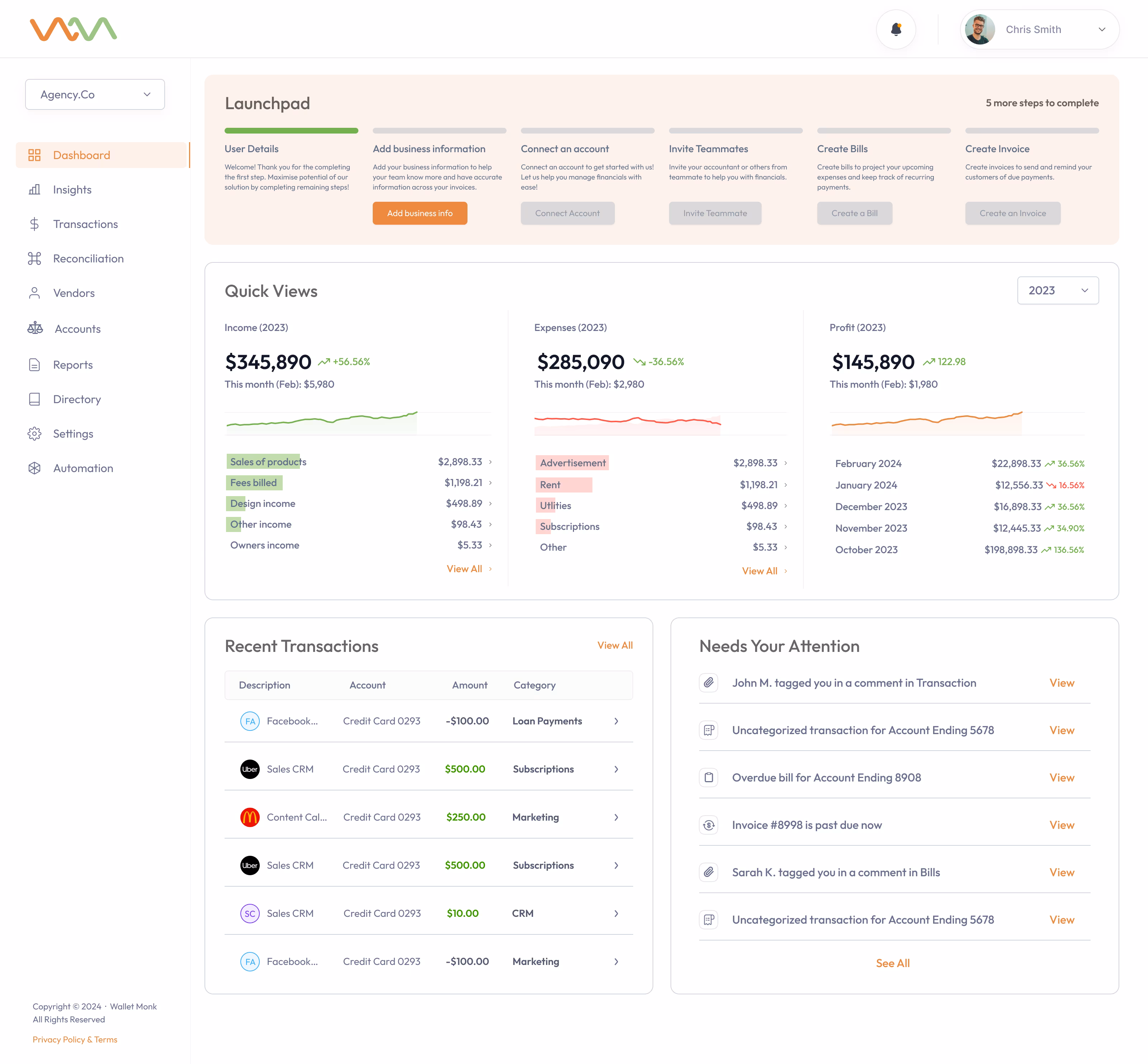 FinCore: Summary Dashboard, screen 1