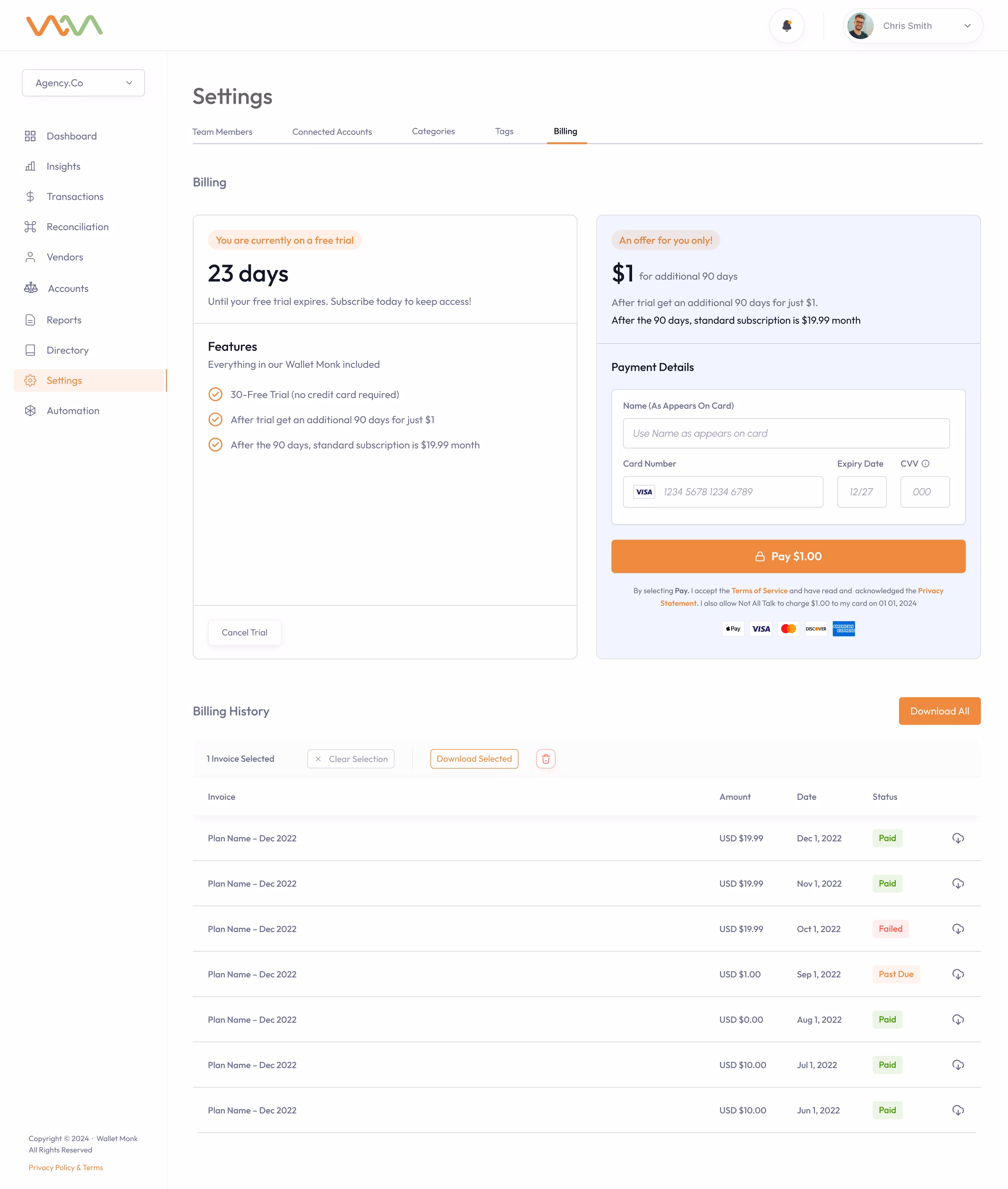 FinCore: Settings / Personal Settings, screen 1