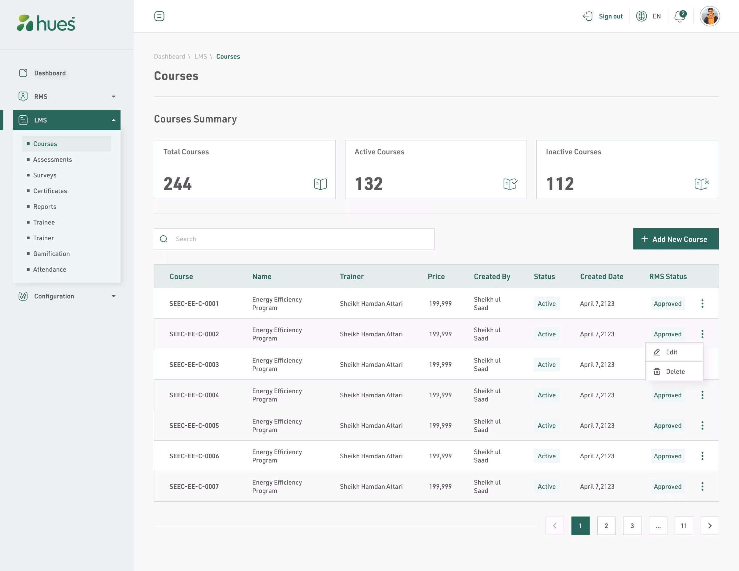 Hues LMS: E-Learning, screen 1