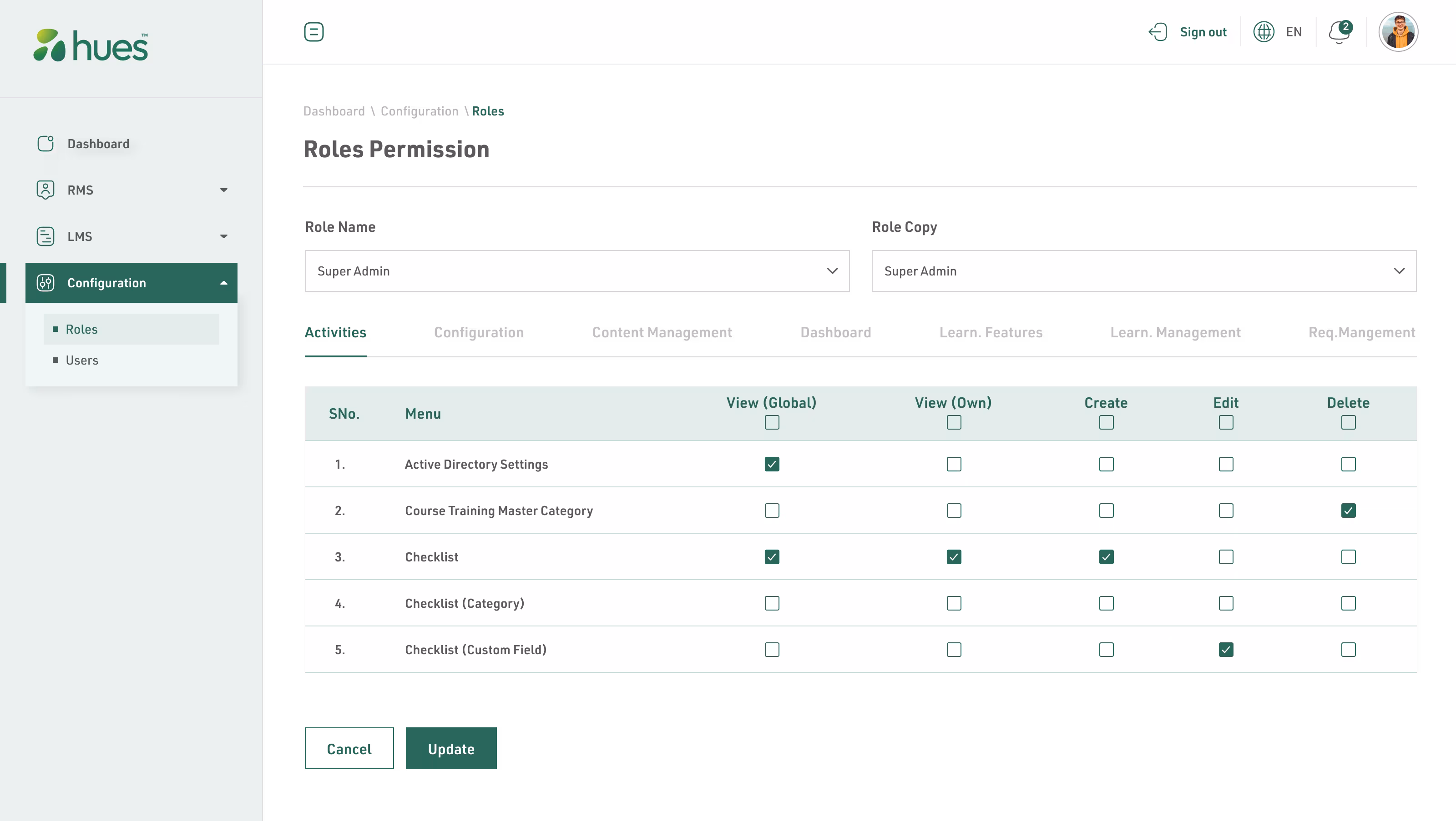 Hues LMS: Configuration, screen 4