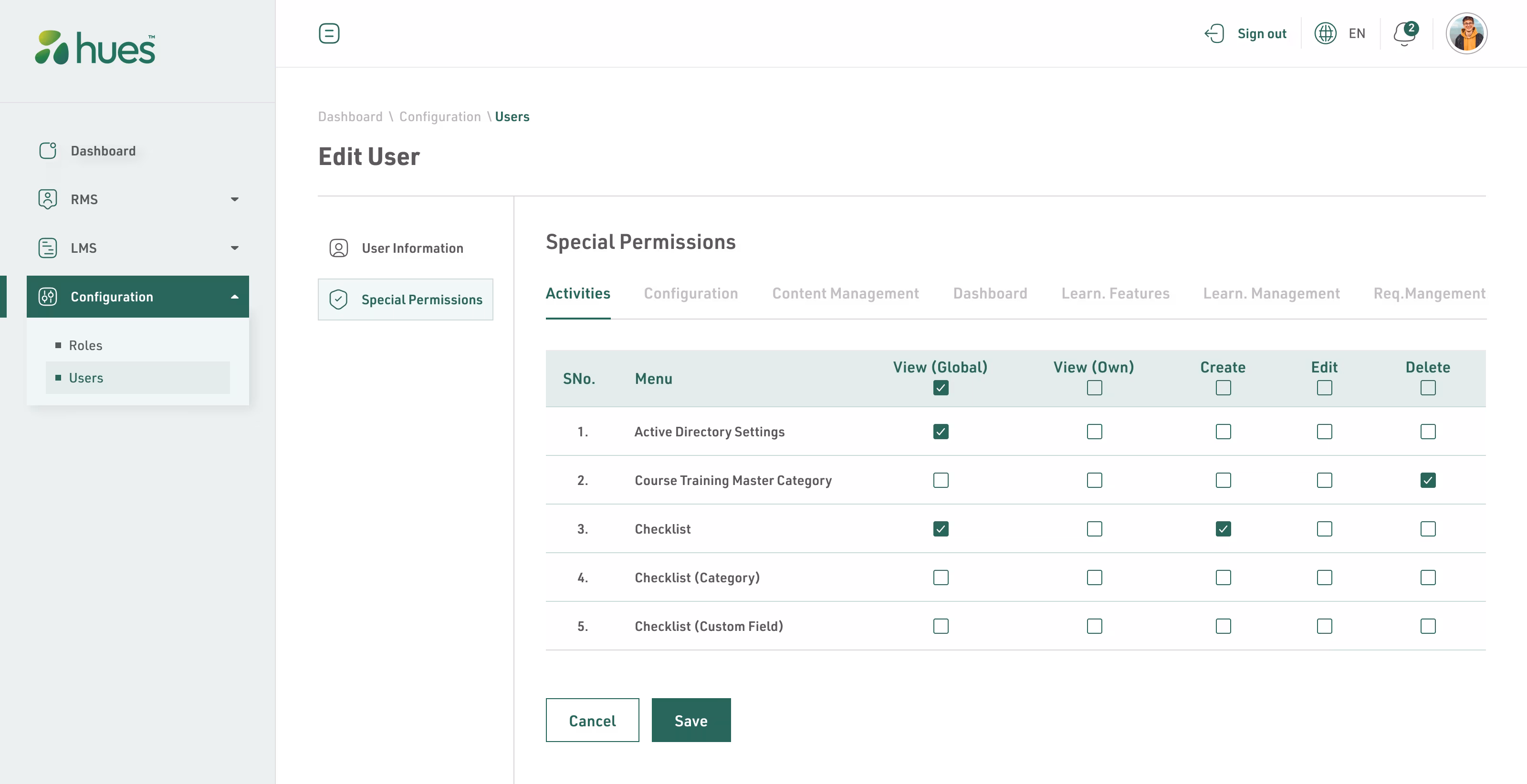 Hues LMS: Configuration, screen 5